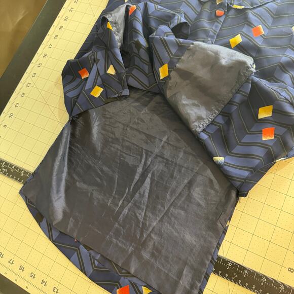 Vintage 80s Geometric Chevron Tunic Blouse Sheer Panels Blue Art Deco Pattern L - Picture 16 of 16